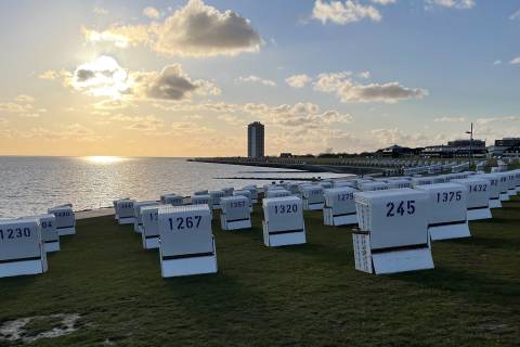 Strandkörbe am Deich im Mai zu Sonnenuntergang