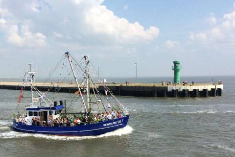 Krabbenkutter auf dem Weg zum Start der 113. Kutterregatta 2016 in Büsum