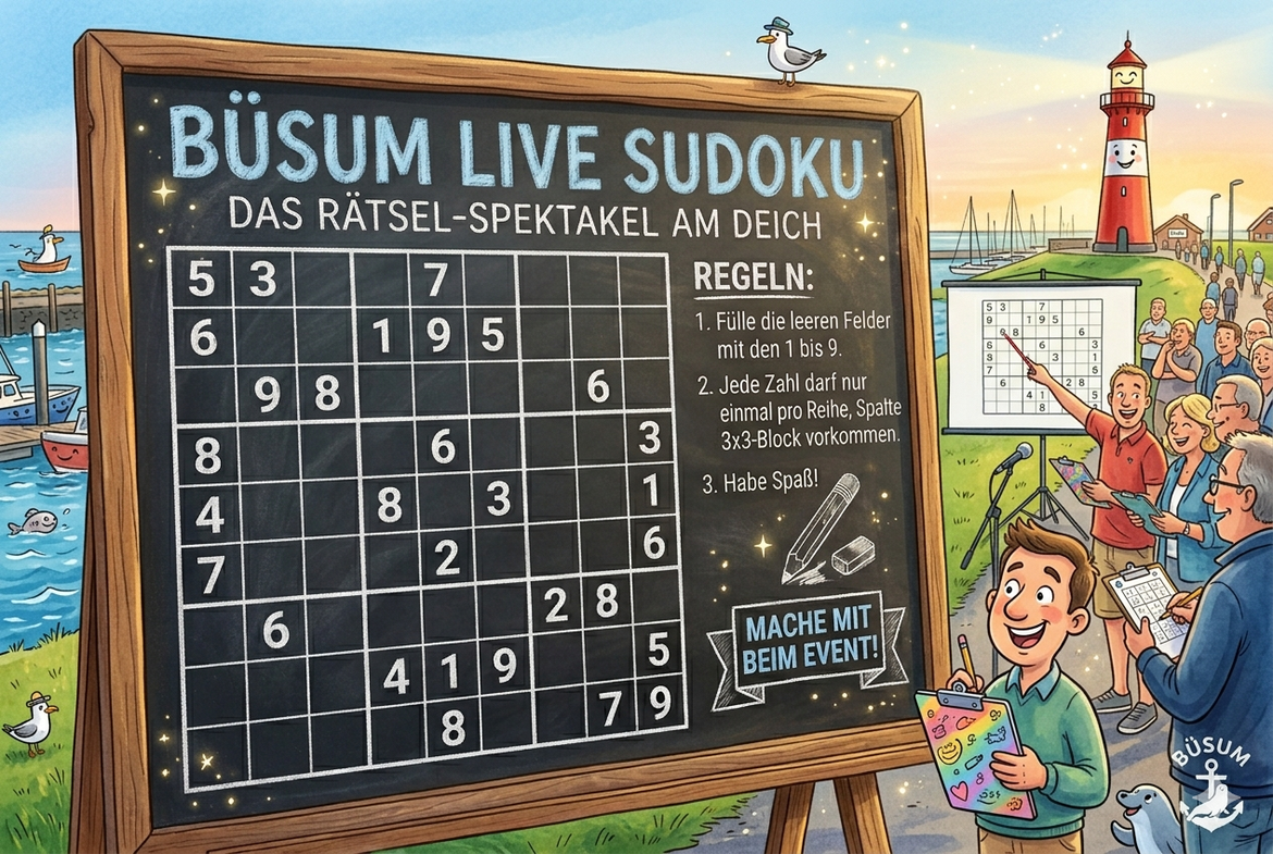 Tafel auf der mit Kreide Büsum-live Sudoku steht und ein Sudoku Spielfeld aufgemalt ist.
