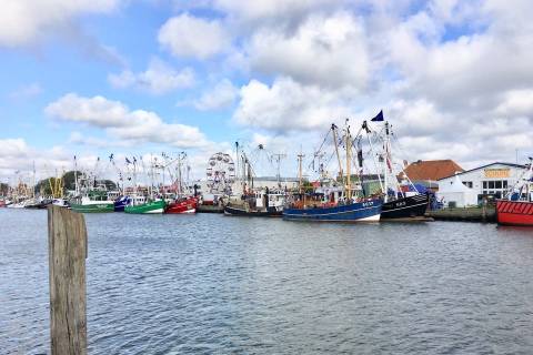 Schiffe, teilweise geschmückt im Büsumer Hafen zur Kutterregatta 2019